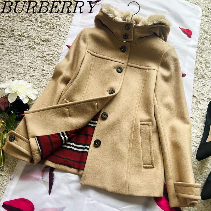 【美品】BURBERRY BLUE LABEL ピーコート ベージュ ファー 38 M バーバリーブルーレーベル Pコート ショートコート  ショート丈コート