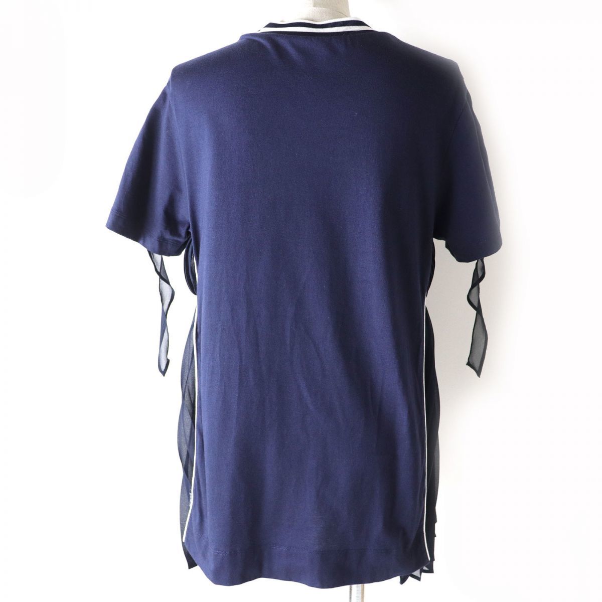 美品△正規品 MONCLER モンクレール 20SS T-SHIRT GIROCOLLO 肩袖ロゴ入り シフォン使い 半袖 Tシャツ カットソー ネイビー S レディース_画像3