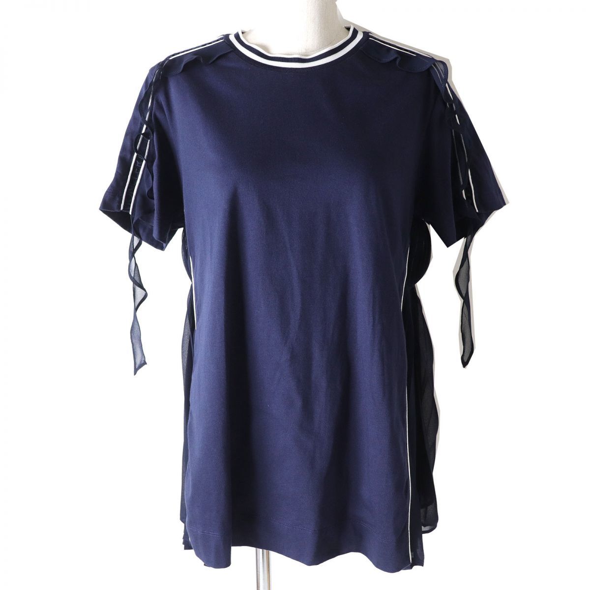 美品△正規品 MONCLER モンクレール 20SS T-SHIRT GIROCOLLO 肩袖ロゴ入り シフォン使い 半袖 Tシャツ カットソー ネイビー S レディース_画像1