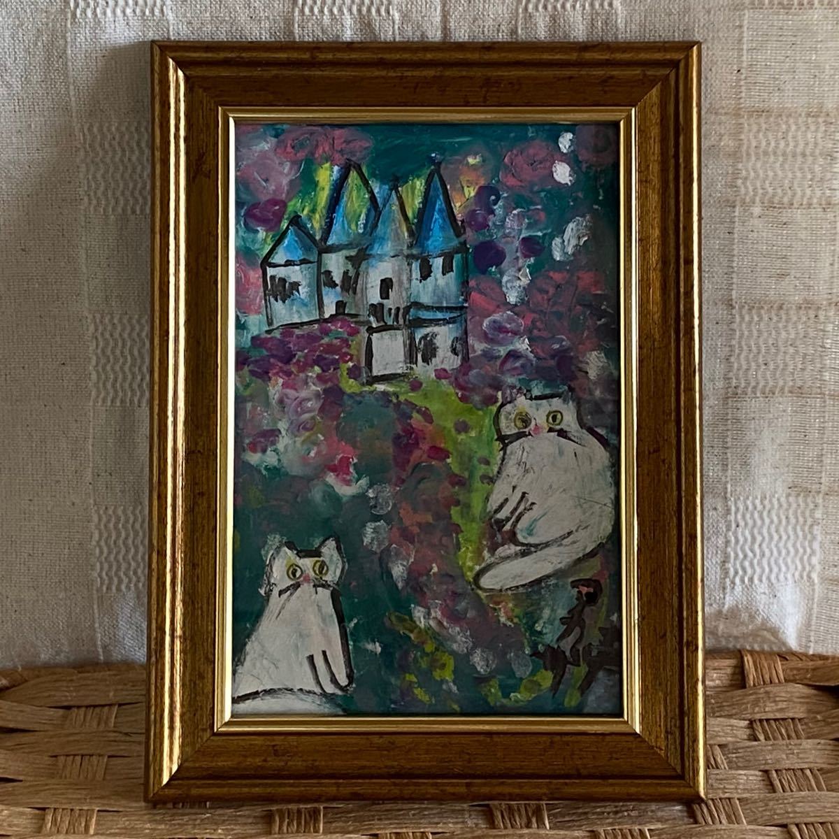 絵画。壁掛け絵原画手描き【花が咲いたヨーロッパの城、デートしている