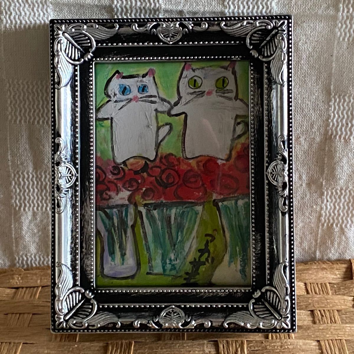 絵画。原画手描き【桜の下、黒猫二匹の楽しいお茶会デート】 ブランド