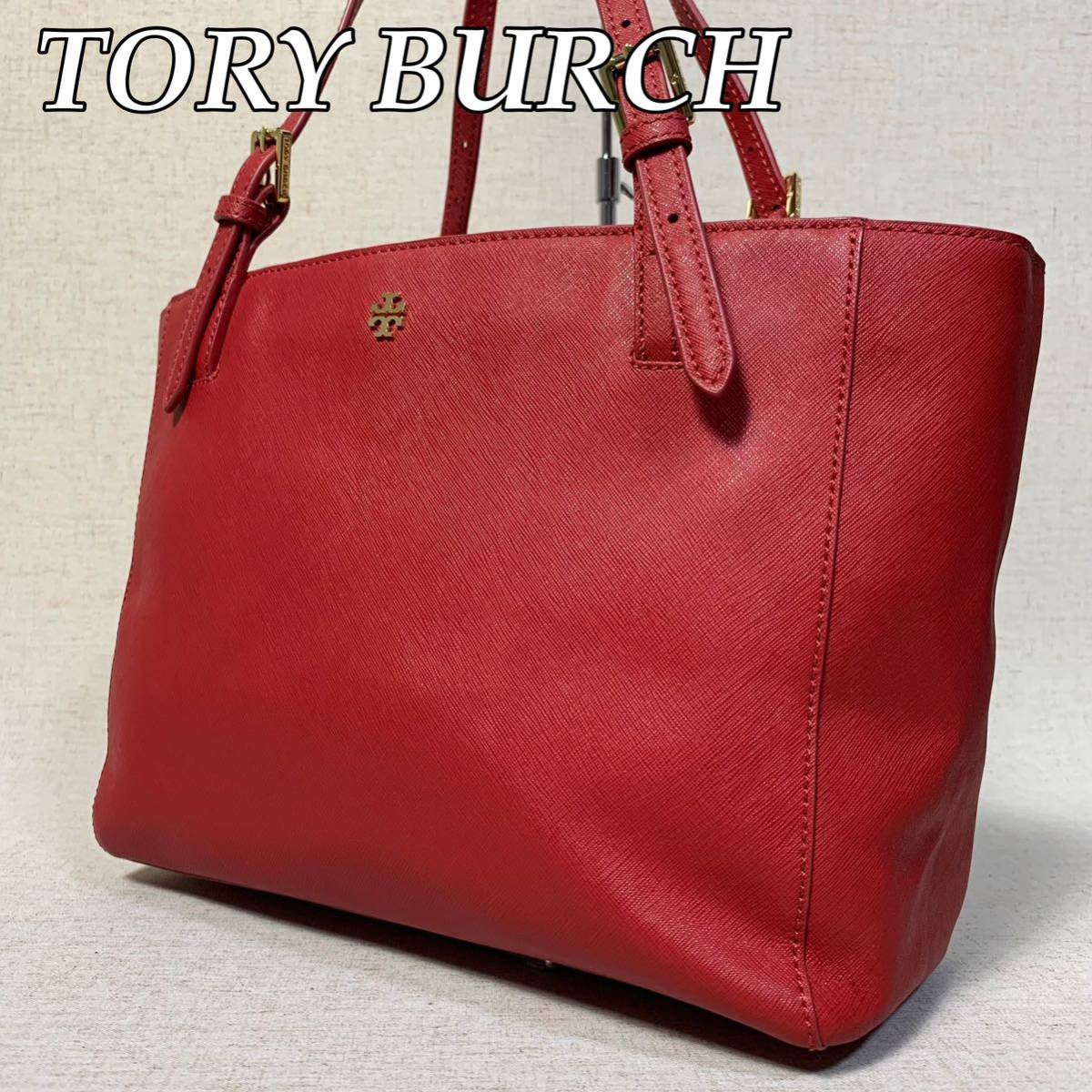 注目の福袋! 49B38|美品|トリーバーチ 赤 本革 トートバッグ