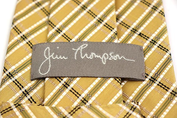  Jim Thompson check pattern Thai silk men's necktie yellow yellow [ used ][ beautiful goods ]