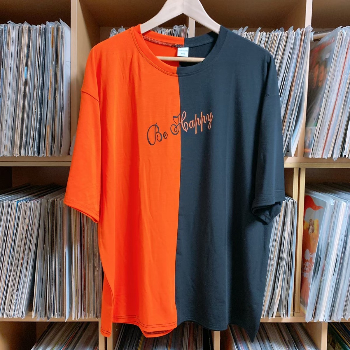 Tシャツ　L　ブラック　オレンジ　黒　半袖　バイカラー　韓国　ユニセックス　流行
