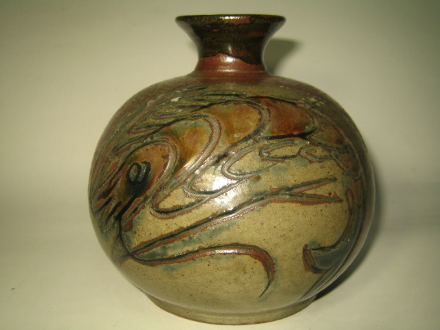 稀少 美品☆人間国宝 金城次郎作 壷屋焼 壺 魚紋・海老紋 丸壺 徳利