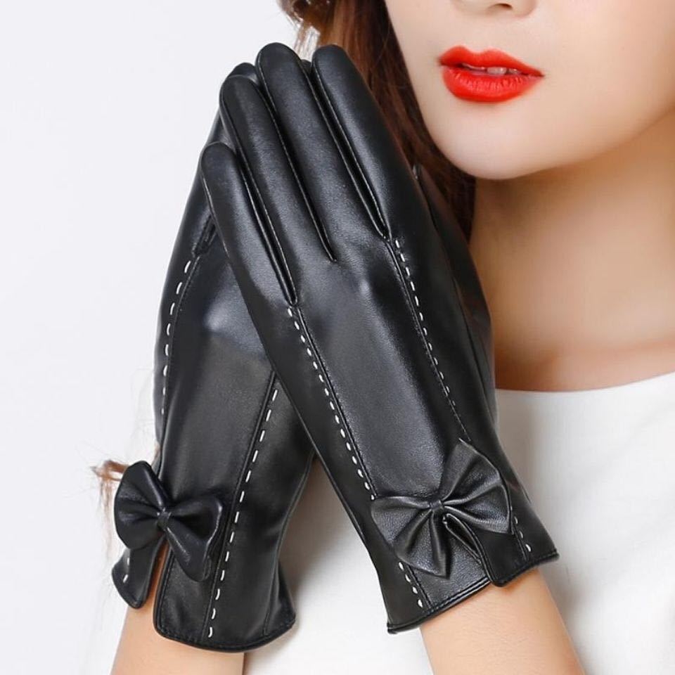  lady's PU leather gloves stylish leather smartphone correspondence reverse side boa winter woman glove 