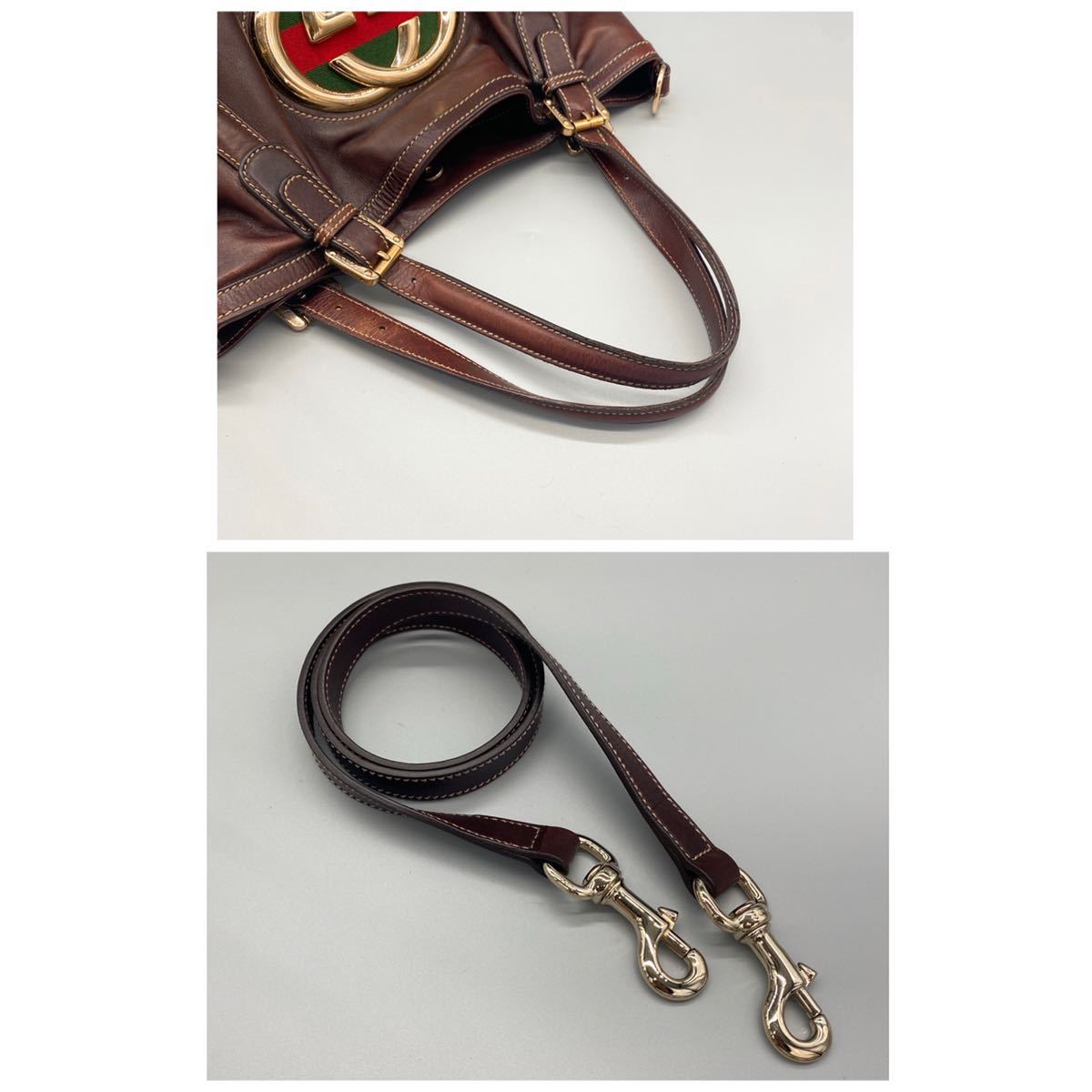 1円《極美品》GUCCI グッチ 2way ニューブリット ダブルG インターロッキング シェリーライン ハンドバッグ ショルダー レザー ブラウン_画像6