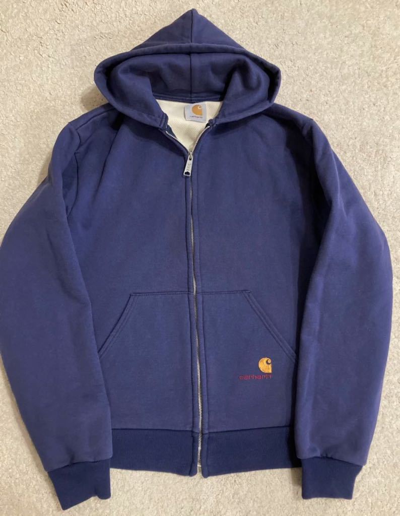 美品！ レアな90s USA製 アルミZip パーカー Carhartt カーハート M-L フーディー サーマル 紺 ネイビー Navy vintage ビンテージ_画像1