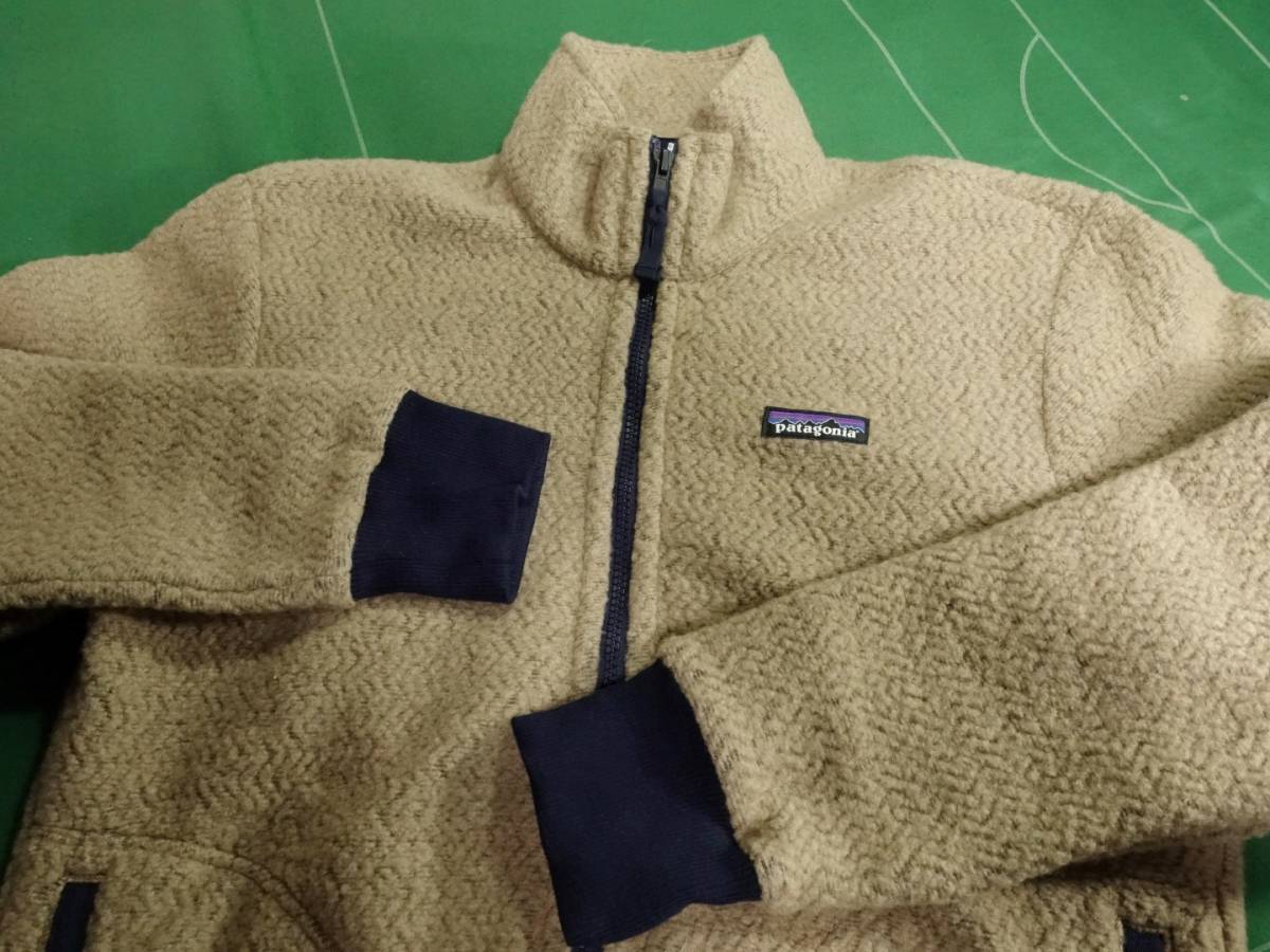 ▲パタゴニア ウール混 リブ袖すそ Men's Woolyesterウーリエステル フリースジャケット ライトキャメル/ネイビー S（JP-M） 美品!!!▲の画像1