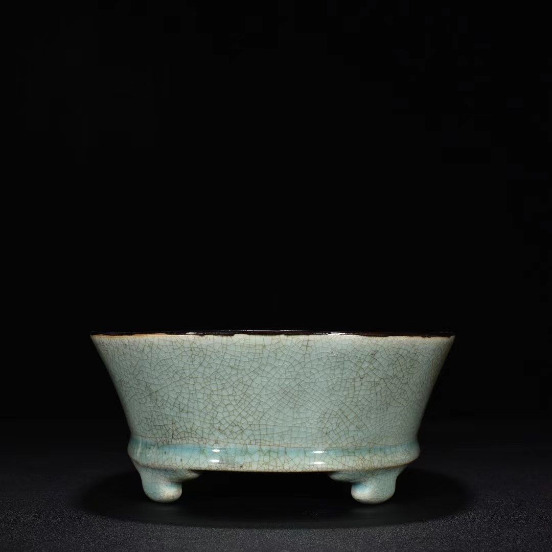 高い信頼 厚い信頼 汝窯 多寶屋】BU181□宋時代 天青釉 水仙盆□高さ6.5 瀝粉描金 宋