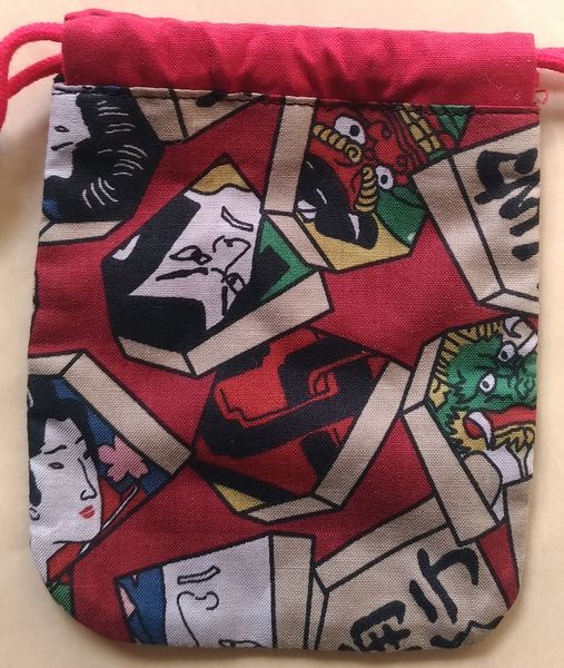  used Mini pouch shogi. piece pattern approximately 13x10.5cm black / red peace pattern kabuki lion Mai ukiyoe dragon dragon purse bag pouch used