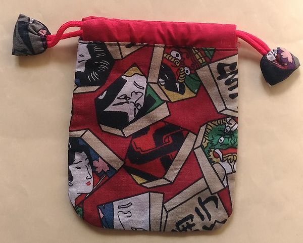  used Mini pouch shogi. piece pattern approximately 13x10.5cm black / red peace pattern kabuki lion Mai ukiyoe dragon dragon purse bag pouch used