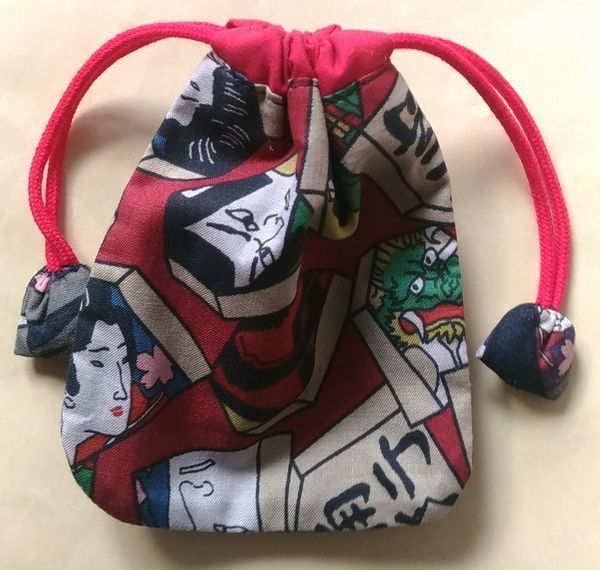  used Mini pouch shogi. piece pattern approximately 13x10.5cm black / red peace pattern kabuki lion Mai ukiyoe dragon dragon purse bag pouch used