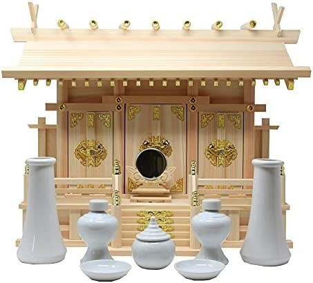 松山神仏具店 神棚 通し屋根三社 小 神具・神鏡セット 雲シール付 新品 日本製 国産 幅54cm 高40cm 奥21.5cm