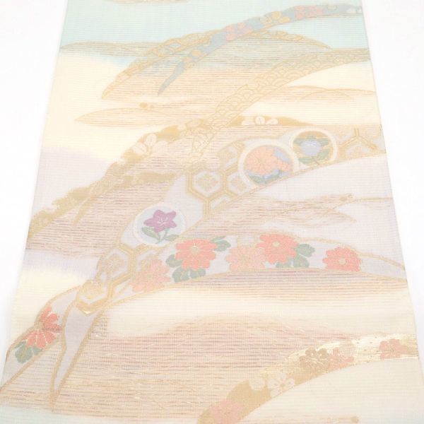 【袋帯】　夏帯　『絽』　袋帯　雪芝に彩りの花模様　白　六通柄　正絹　着物　FS7-3_画像8