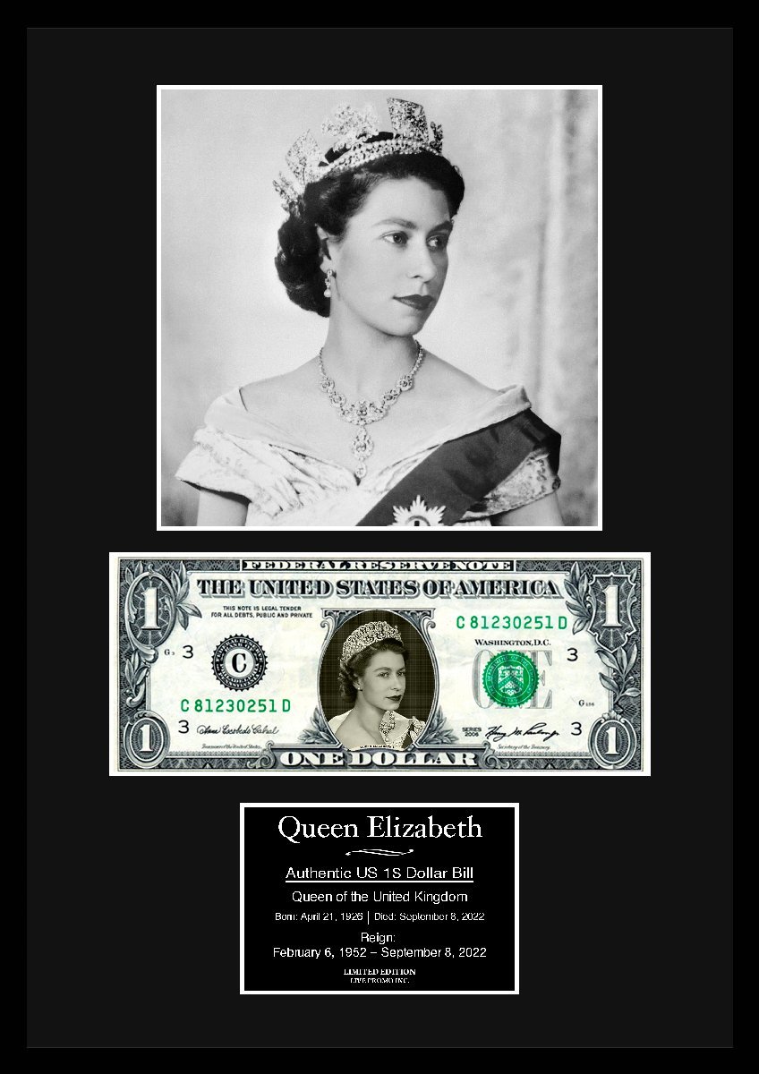 【エリザベス女王/Queen Elizabeth】ロイヤル/エリザベス2世/Elizabeth II/写真本物USA1ドル札フレーム証明書付-1