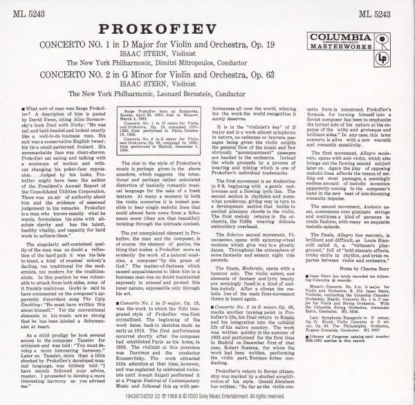 [CD/Columbia]プロコフィエフ:ヴァイオリン協奏曲第1番ニ長調Op.19他/I.スターン(vn)&D.ミトロプーロス&ニューヨーク・フィルハーモニック_画像2