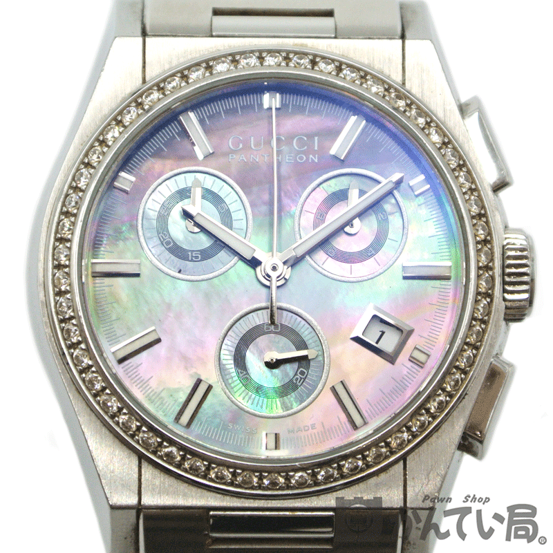 15107 GUCCI【グッチ】115.4 腕時計 パンテオン クロノグラフ ダイヤモンド ブラックシェル ウォッチ メンズ レディース ユニセックス