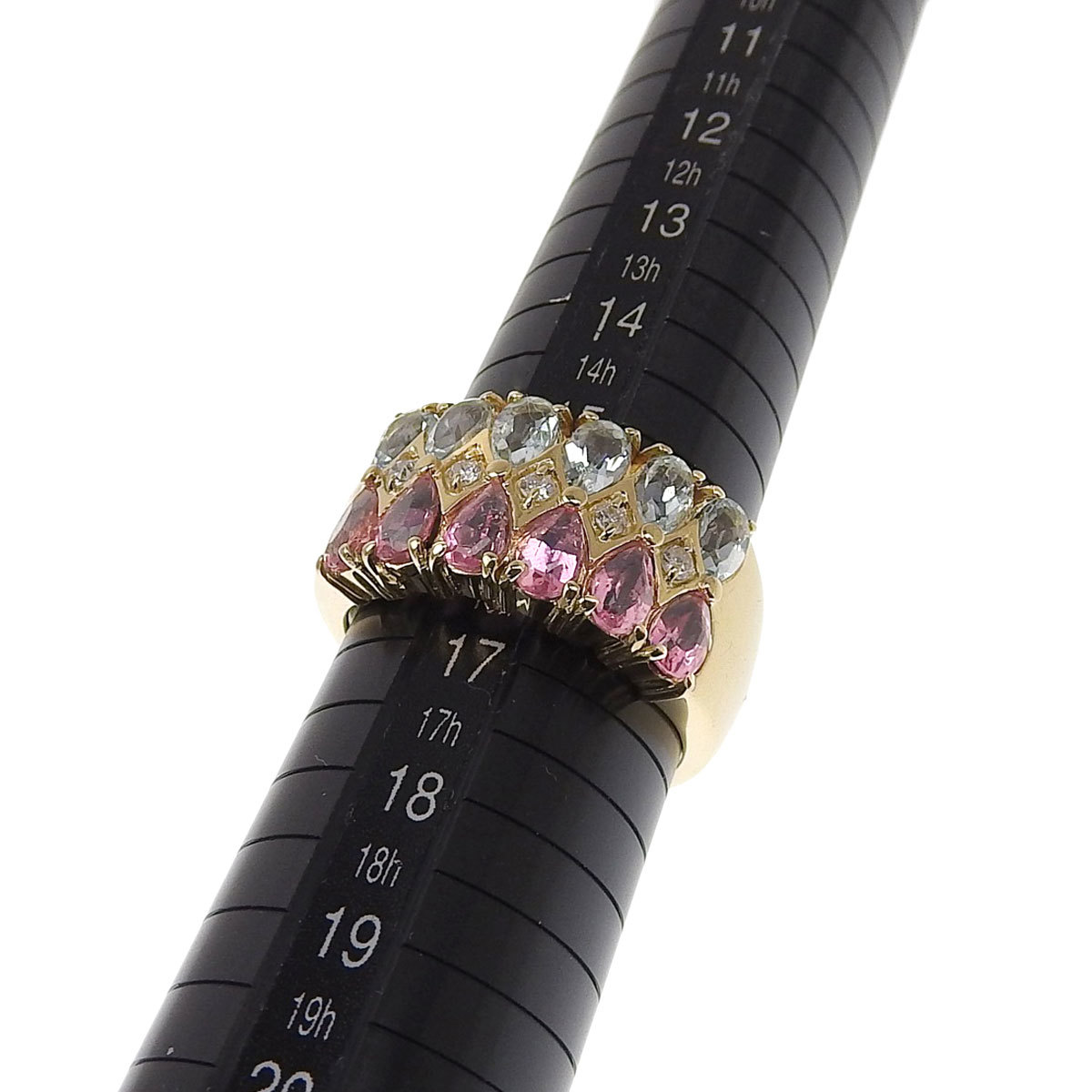 K18YG желтое золото аквамарин розовый турмалин бриллиант 0.10ct кольцо кольцо примерно 17 номер женский 8240