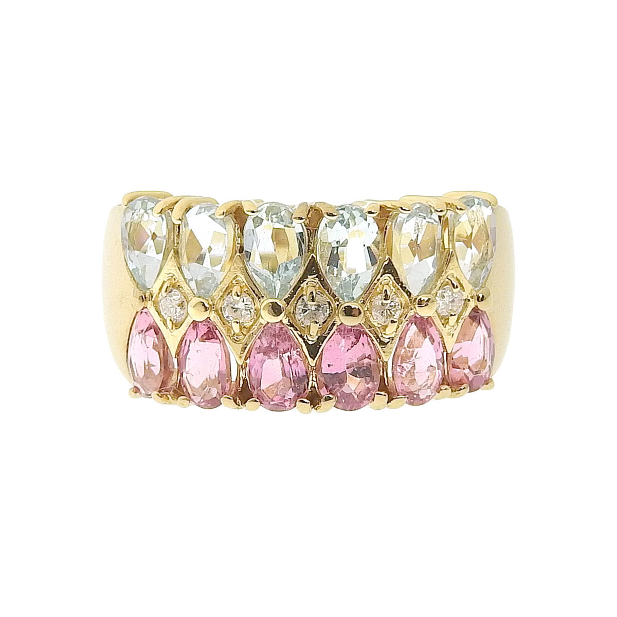 K18YG желтое золото аквамарин розовый турмалин бриллиант 0.10ct кольцо кольцо примерно 17 номер женский 8240