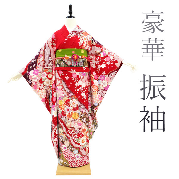 日本製】 身丈169 仕立て上がり 中古 成人式 古典柄 四季の花 桜 赤 銀