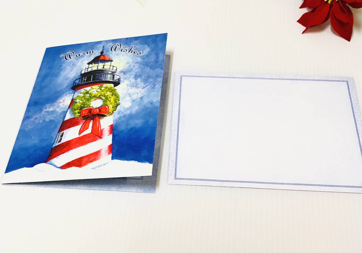 アメリカ購入品　新品　未使用　Warm Wishes　リースの飾られた灯台デザインクリスマスカード　Christmascard　サイズ17.5×13.5㎝_画像3