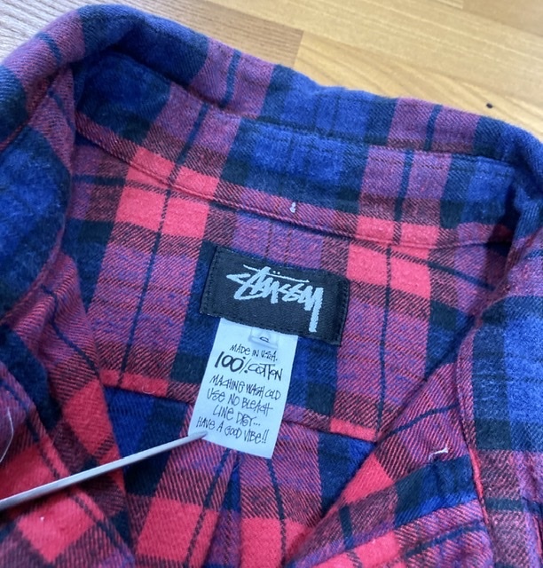 80\'s USA made VINTAGE OLD stussy black tag half button check cotton shirt inset attaching Vintage original old clothes 