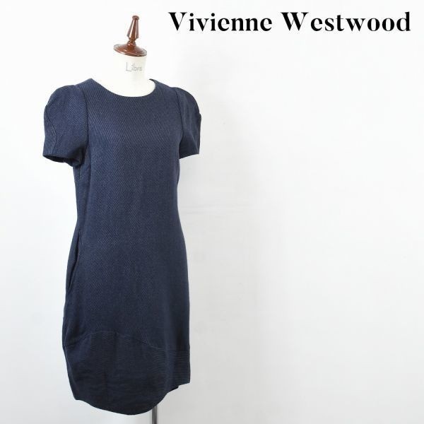 SS A1258 Vivienne Westwood ヴィヴィアンウエストウッド オーブ ロゴ 膝丈 ロング ワンピース ドレス ネイビー size2 切り替えデザイン_画像1