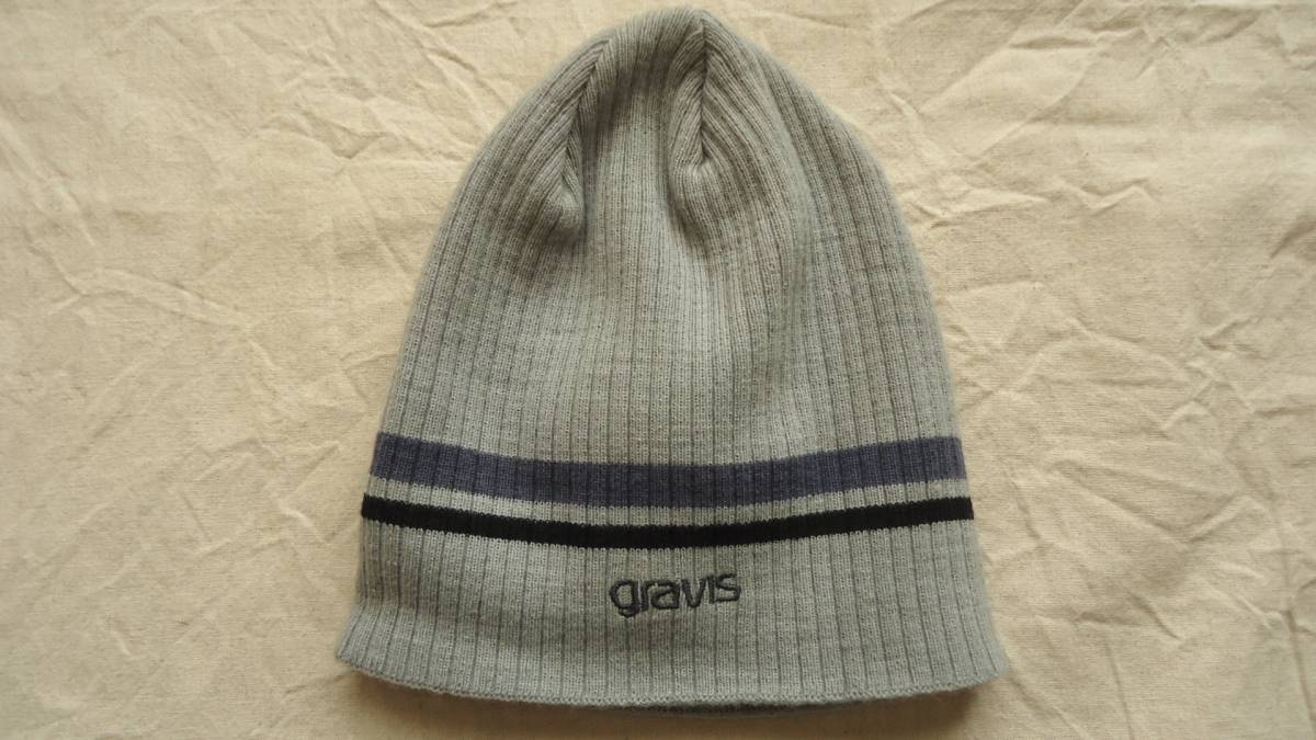 Gravis 旧モデル ロゴ刺繍 ストライプ リブニットキャップ グレー 半額 50%off グラビス スノーボード 帽子 ビーニー レターパック _画像1