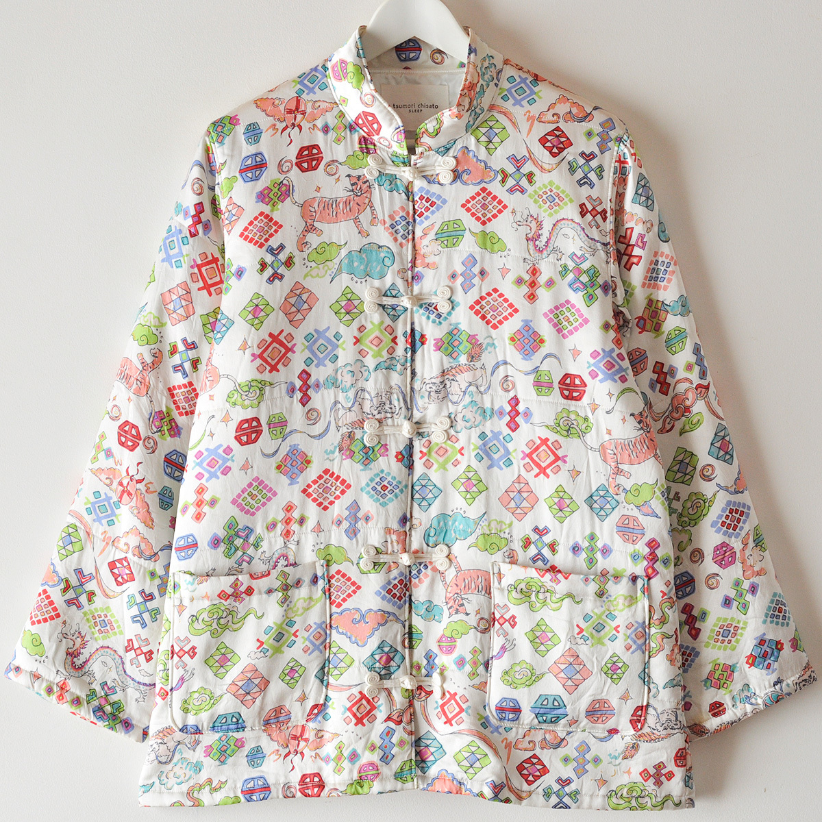  almost unused tsumori chisato silk tea ina jacket cotton inside M size white total pattern illustration print satin / Tsumori Chisato 