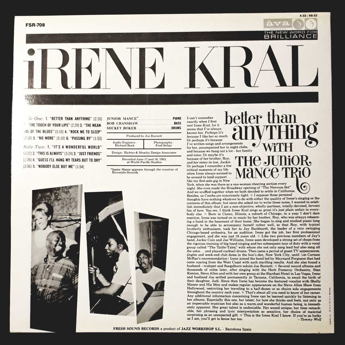 ◯未使用◯FRESH SOUNDS／SPAIN◯IRENE KRAL◯ava A-33／FSR-708◯ BETTER THAN ANYTHING with THE JUNIOR MANCE TRIO ◯_画像2