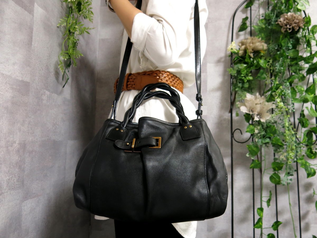 超美品 Chloe クロエ エイミー 編み込みハンドル カーフ レザー 本革 2way トート バッグ 黒 G金具 肩掛け かばん Js30093