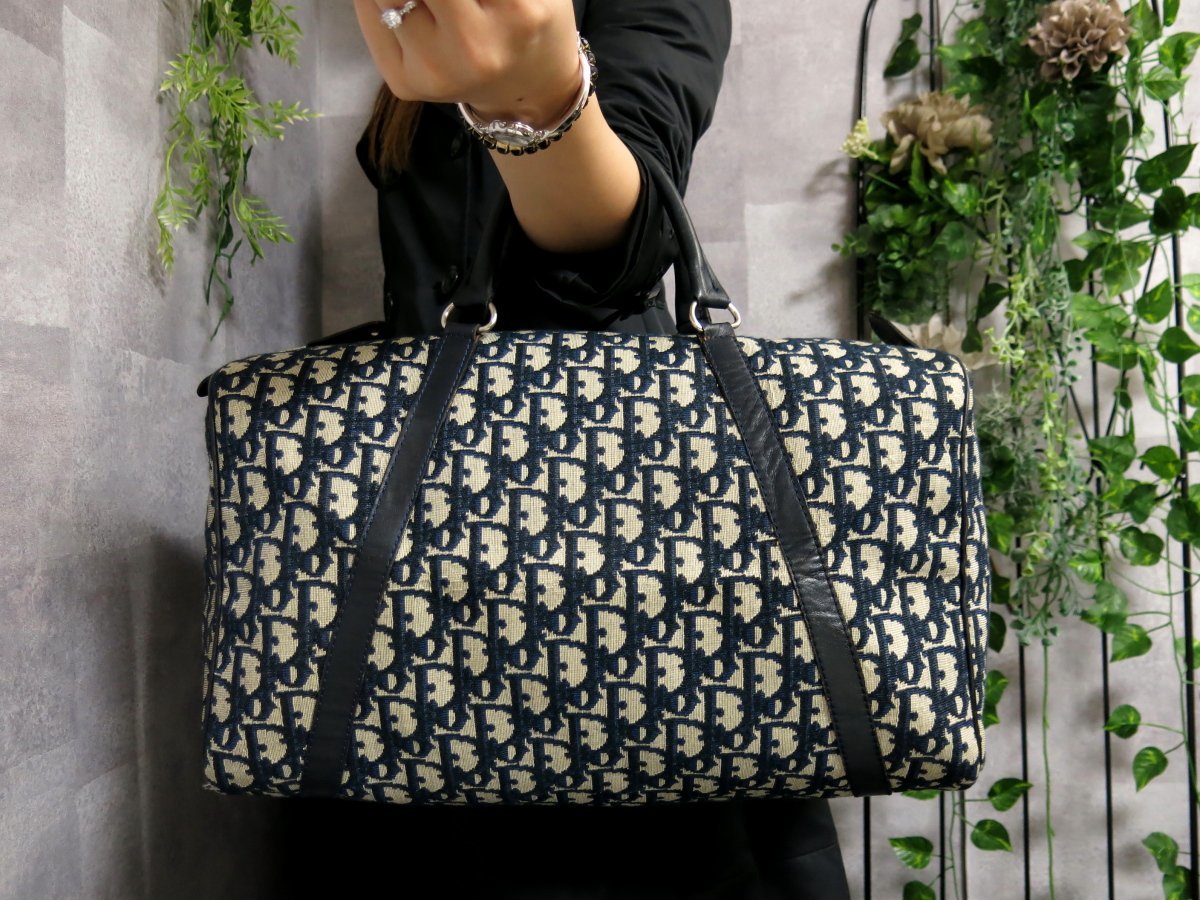 超美品 Christian Dior クリスチャン・ディオール トロッター キャンバス カーフ レザー 本革 ボストン バッグ 紺 SV金具 Js30503
