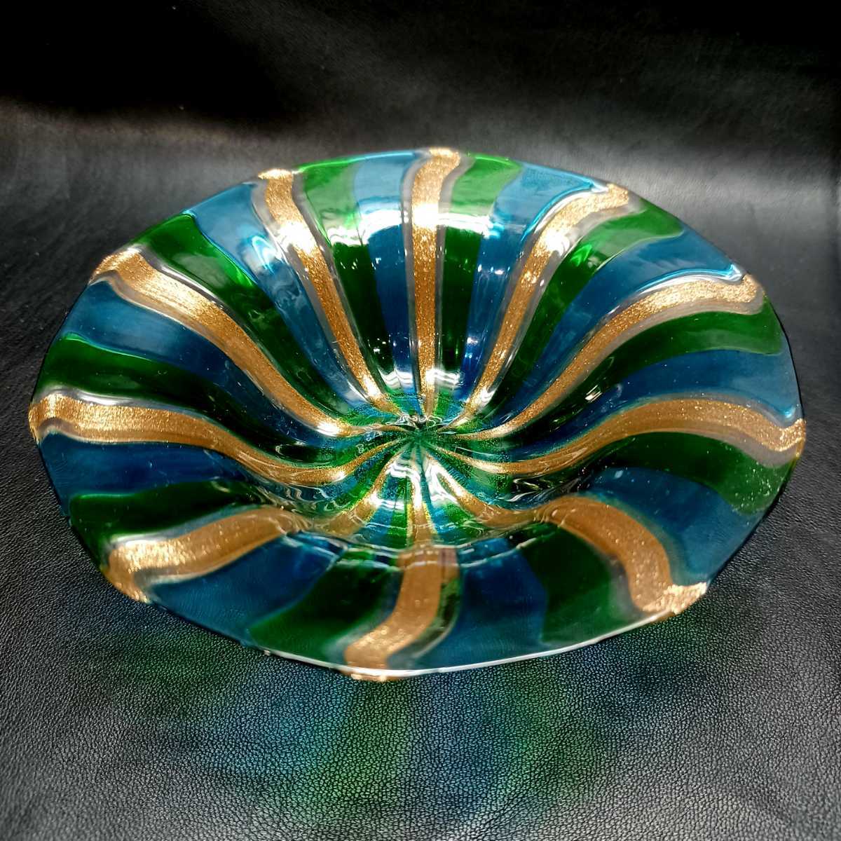 MURANO】ITALY☆ムラノ 金彩 グリーン ライン プレート 鉢皿 ...
