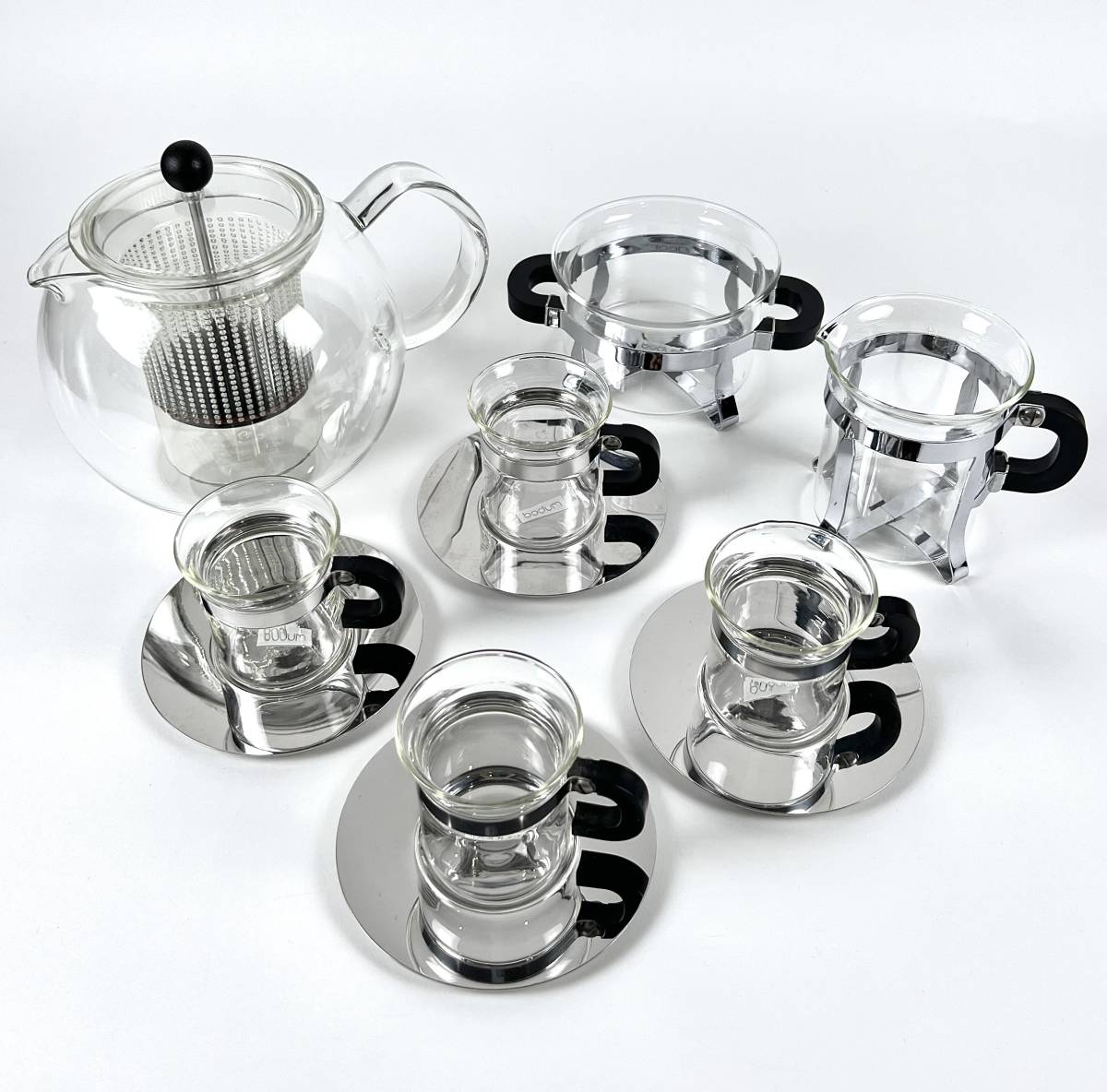 美品★bodum★ボタム 耐熱ガラス製 7点セット ポット カップ&ソーサー 4客 クリーマー シュガーポット デミタス 希少 C JORGENSEN