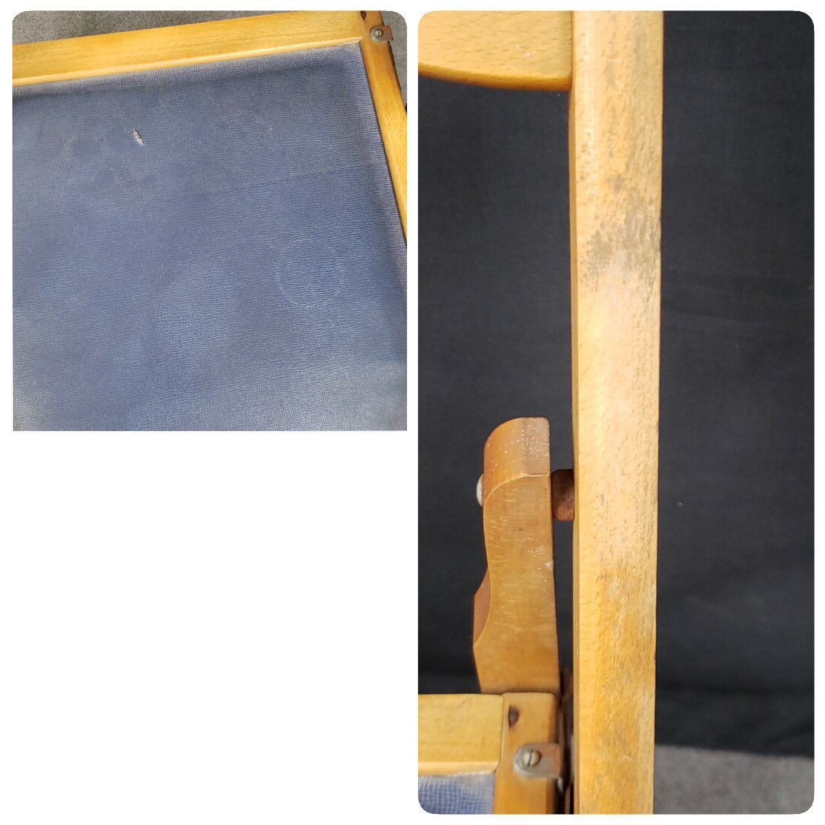 折りたたみ椅子　飛騨産業　チェア　イス　ダイニングチェア　ナチュラル　木製　折りたたみ　青　ヴィンテージ　無垢材の椅子【160e878】_木材にスレ、座面にキズ、汚れがあります。