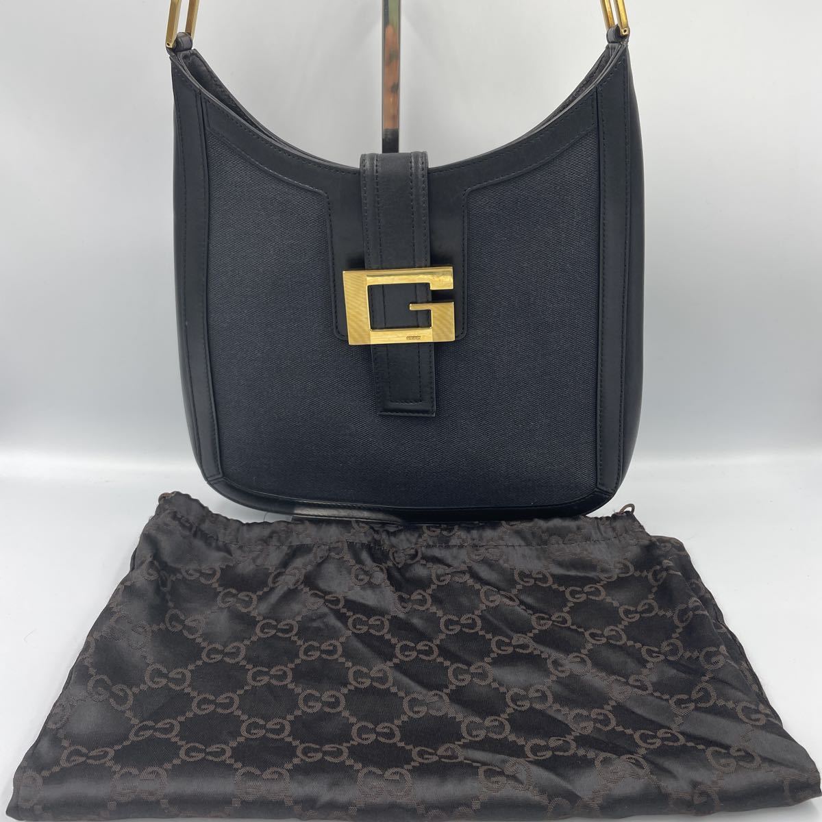 GUCCI グッチ ショルダーバッグ 黒 キャンバス レザー ワンショルダー