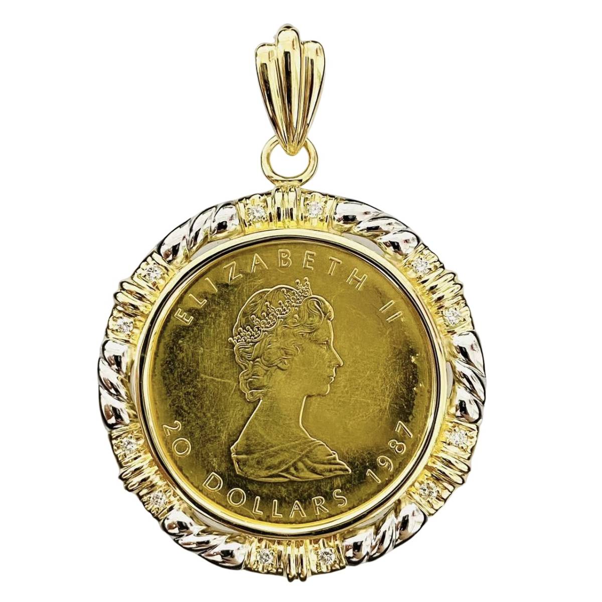カナダ メイプル金貨 エリザベス二世 1987年 K18/24 純金 プラチナ 24.8g 1/2オンス ダイヤモンド 0.10 コインペンダントトップ