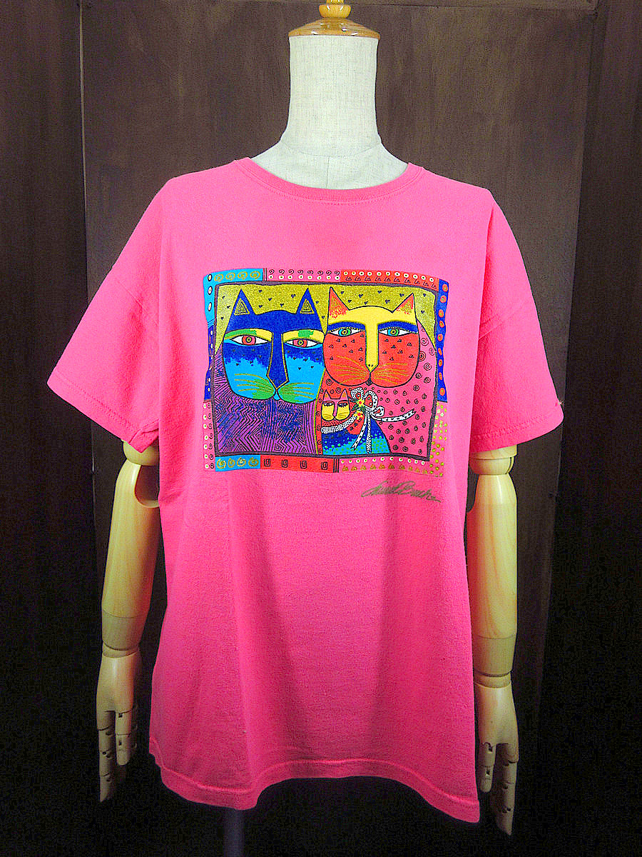 ビンテージ90’s●コットンキャットアートプリントTシャツピンクsize XL●221006k2-m-tsh-ot 1990sメンズ古着トップスUSA製_画像1