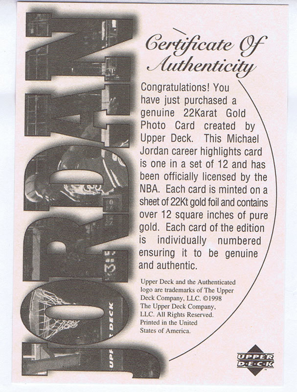 Michael Jordan Upper Deck 22 KT Gold Photo Card 1992 Dream team Limited Edition of 23,000_画像4