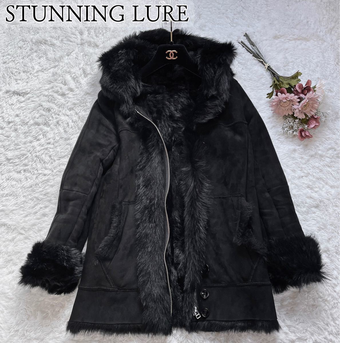 美品◇STUNNING LURE◇リアルムートンコート 羊革 毛皮 36 黒 ムートン