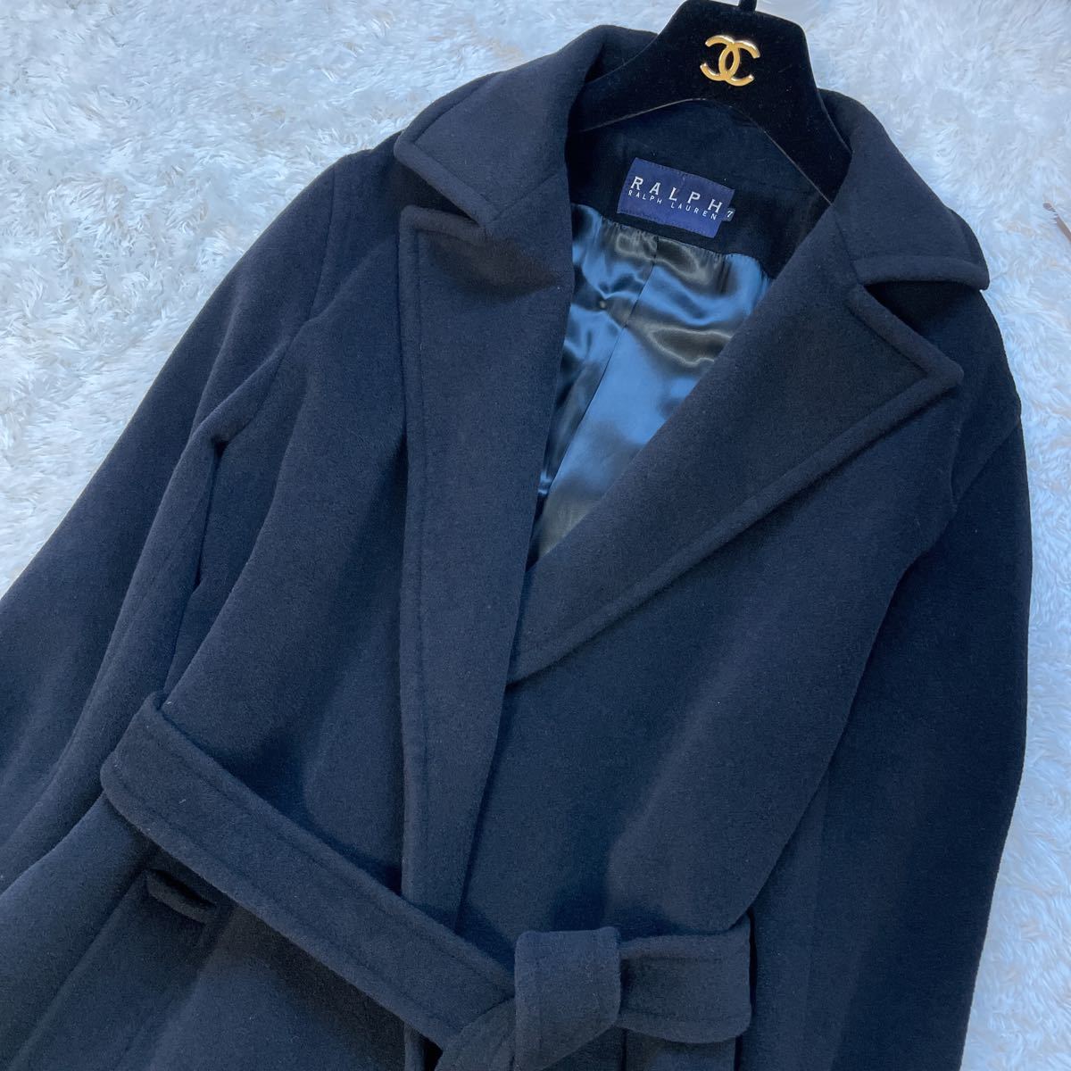美品◇RALPH LAUREN◇アンゴラ混 ベルテッドロングガウンコート 紺