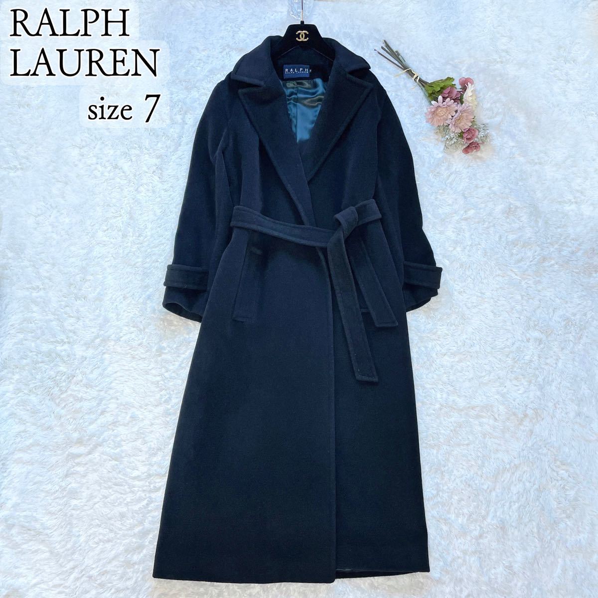 美品◇RALPH LAUREN◇アンゴラ混 ベルテッドロングガウンコート 紺