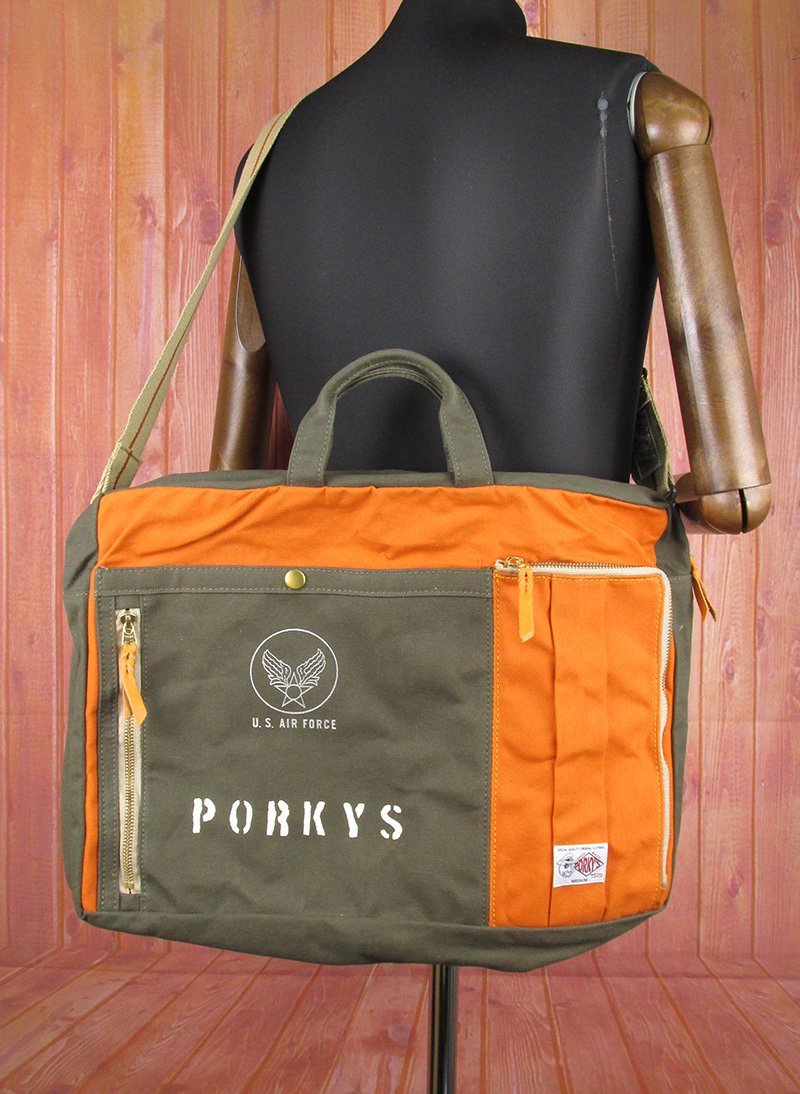 LYO14295 京都 PORKY'S ポーキーズ オリジナル パラフィンダック ブリーフケース オレンジ系×オリーブ系 美品