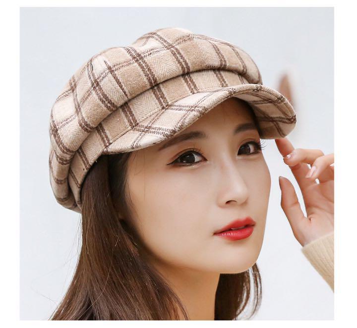 キャスケット 千鳥格子柄 帽子　ファション　レディース　可愛い　韓国風　カーキ大格子_画像2