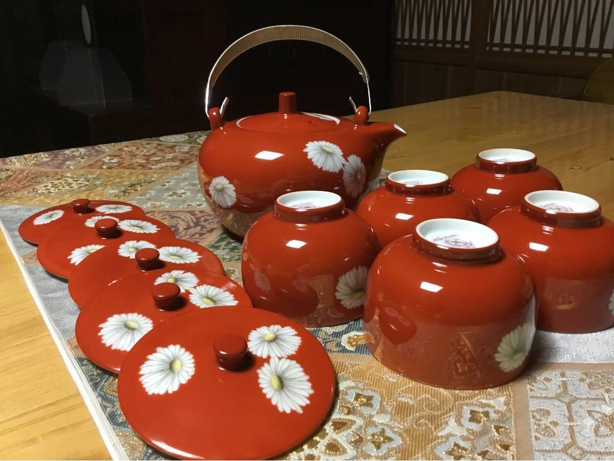 ノリタケ 【急須/1 湯呑み/5】オールドノリタケ 朱色 白菊 マーガレット