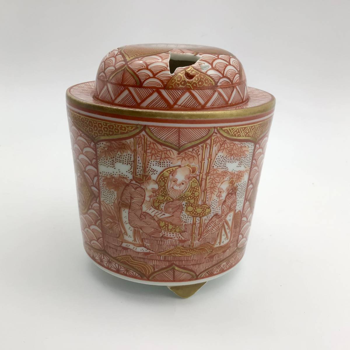 九谷焼 源吾郎作 赤絵金彩 人物花文 耳付足高香炉 共箱 V R3825 www