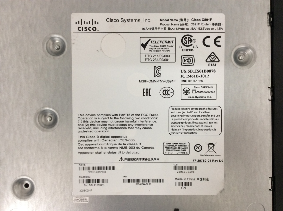 初期化済み CISCO/シスコ C891FJ-K9 V03 Cisco890シリーズ サービス統合型ルータ 搭載OS Version 15.5(3)M5の画像6