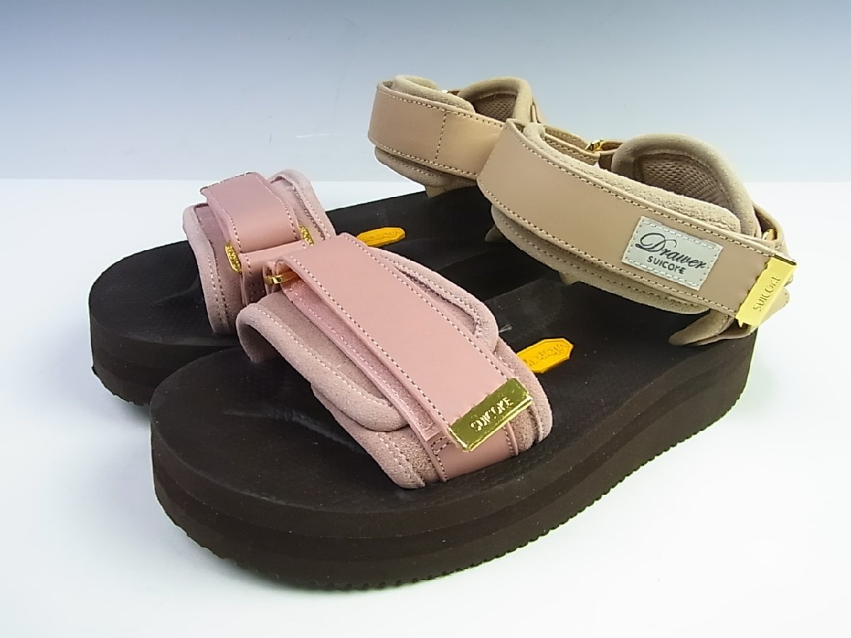 ◆未使用◆SUICOKE/スイコック×Drawer ドゥロワー 別注/22SS レザーストラップ 厚底サンダル◆23cm◆ピンクベージュ◆定価49,500円_画像1