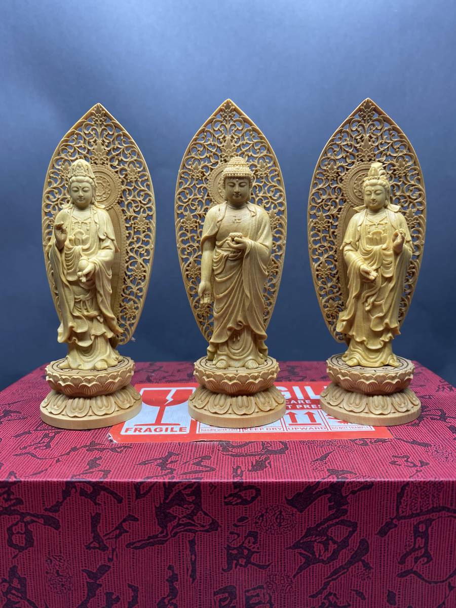 希少仏壇仏像西方三聖阿弥陀三尊観音菩薩阿弥陀如来勢至菩薩仏師彫り